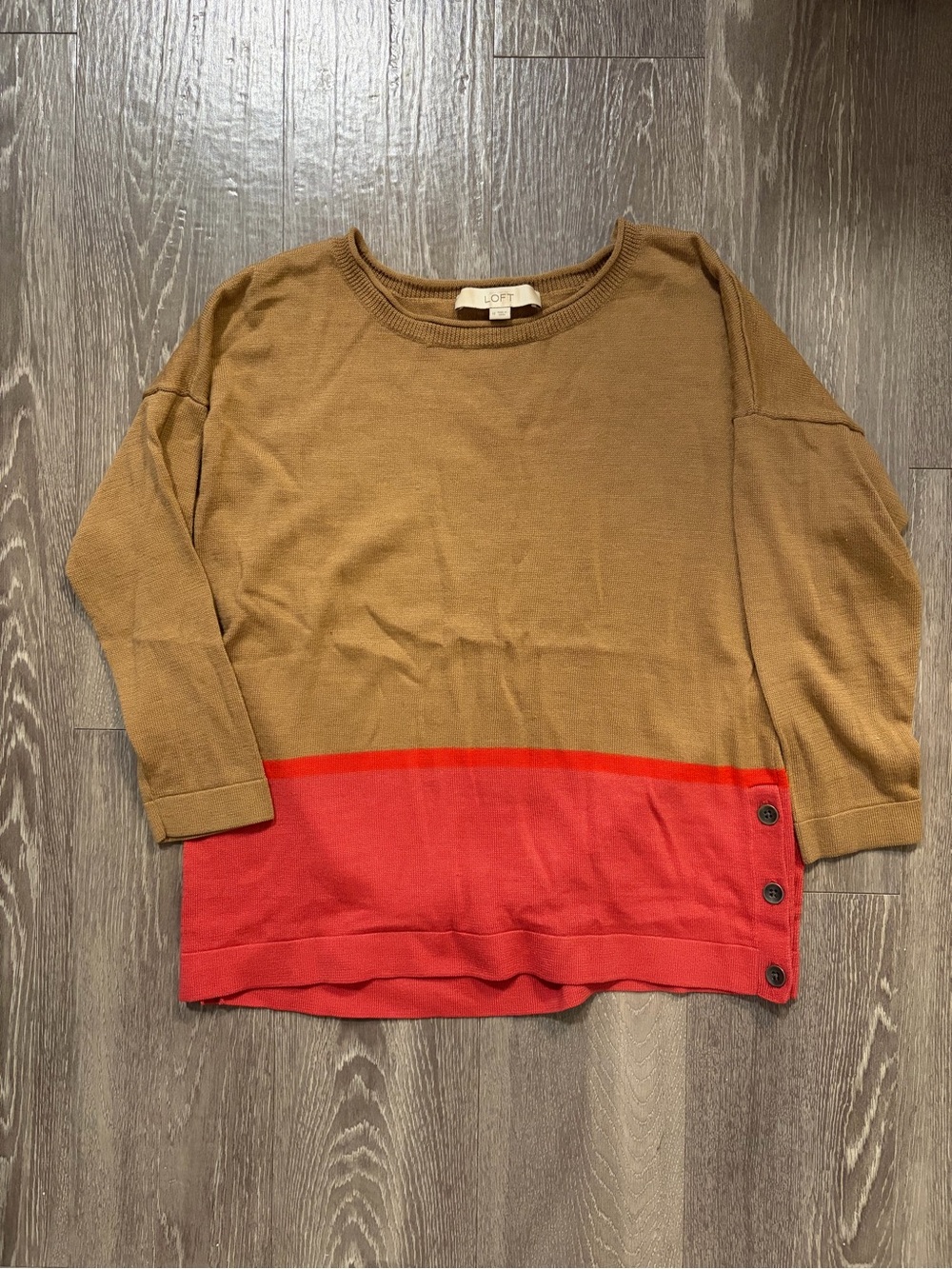 LOFT Two-Tone Button-Hem Sweater in Camel and Red